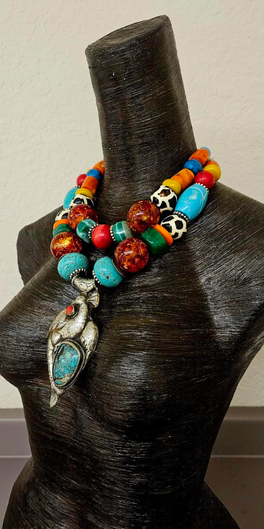 Colorful Mixed Media Beaded 2 Strand Tribal Necklace - Peacock Pendant