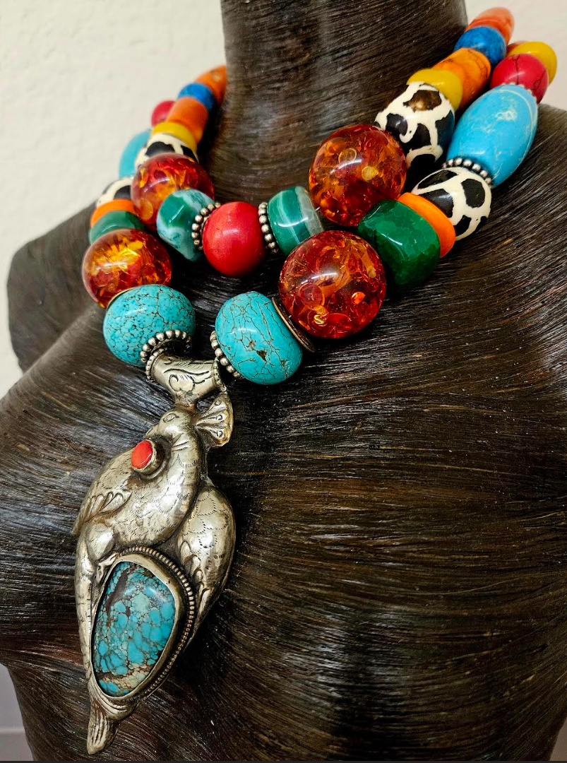 Colorful Mixed Media Beaded 2 Strand Tribal Necklace - Peacock Pendant