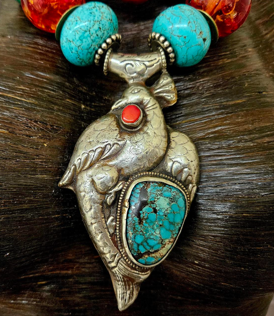 Colorful Mixed Media Beaded 2 Strand Tribal Necklace - Peacock Pendant