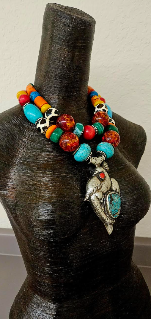 Colorful Mixed Media Beaded 2 Strand Tribal Necklace - Peacock Pendant