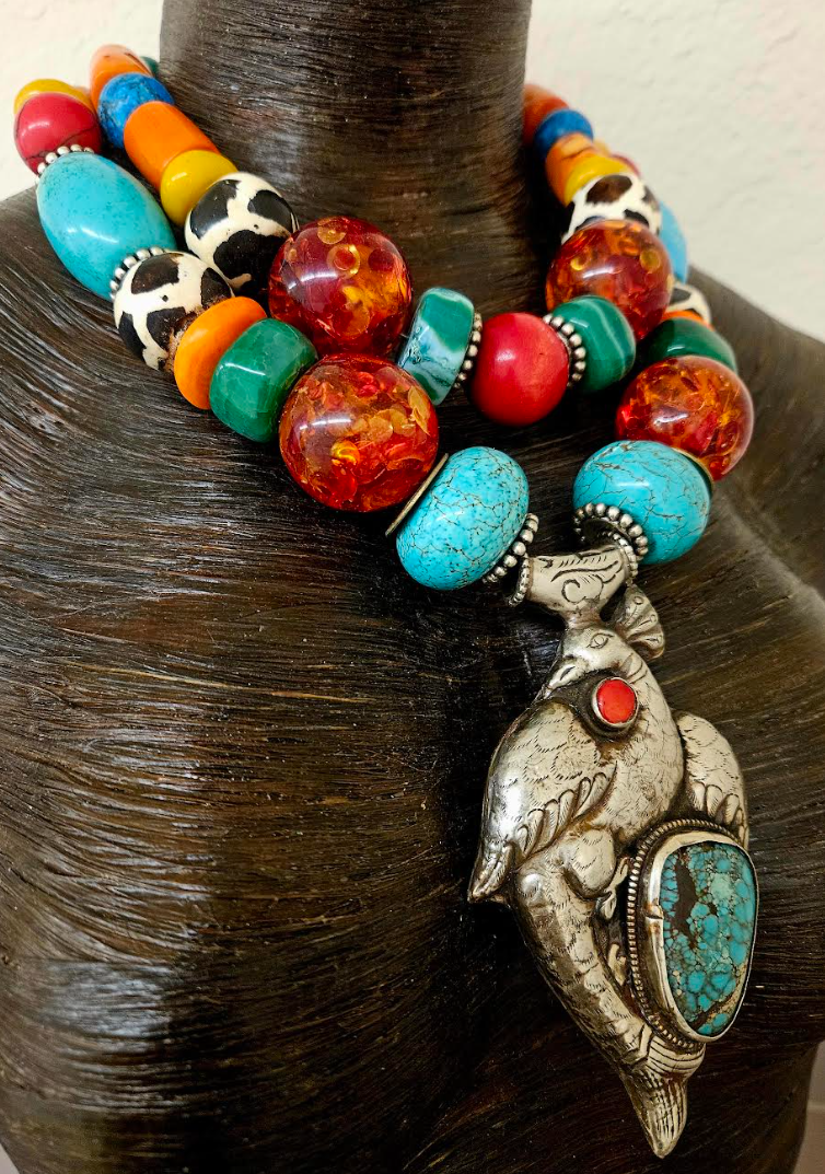 Colorful Mixed Media Beaded 2 Strand Tribal Necklace - Peacock Pendant