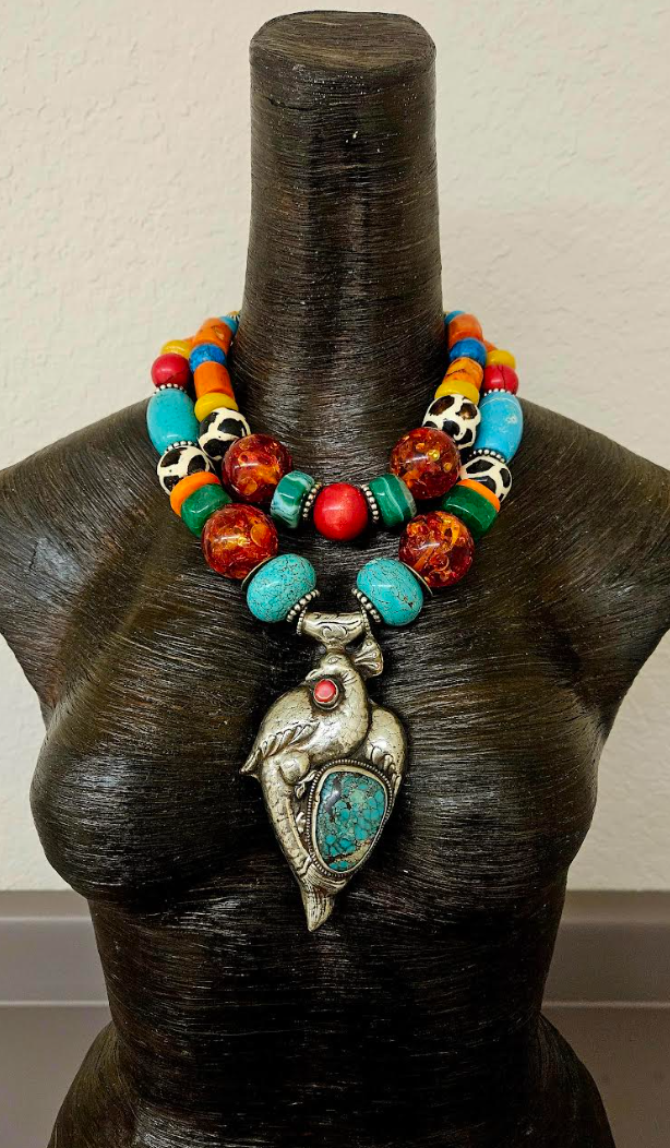 Colorful Mixed Media Beaded 2 Strand Tribal Necklace - Peacock Pendant