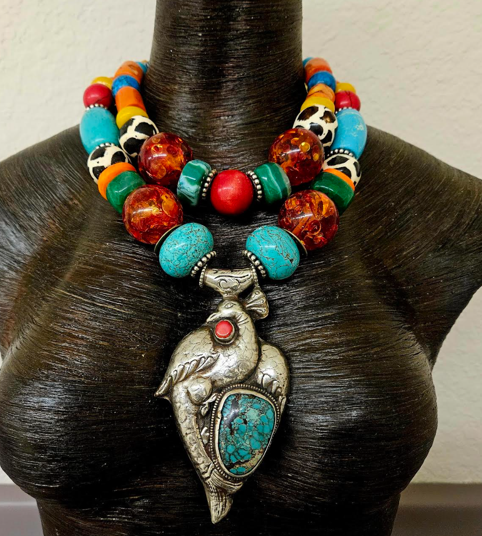 Colorful Mixed Media Beaded 2 Strand Tribal Necklace - Peacock Pendant