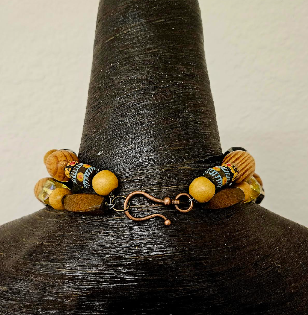 Indonesian Wood Mask Unisex Chest Piece - Earthy Beaded Necklace