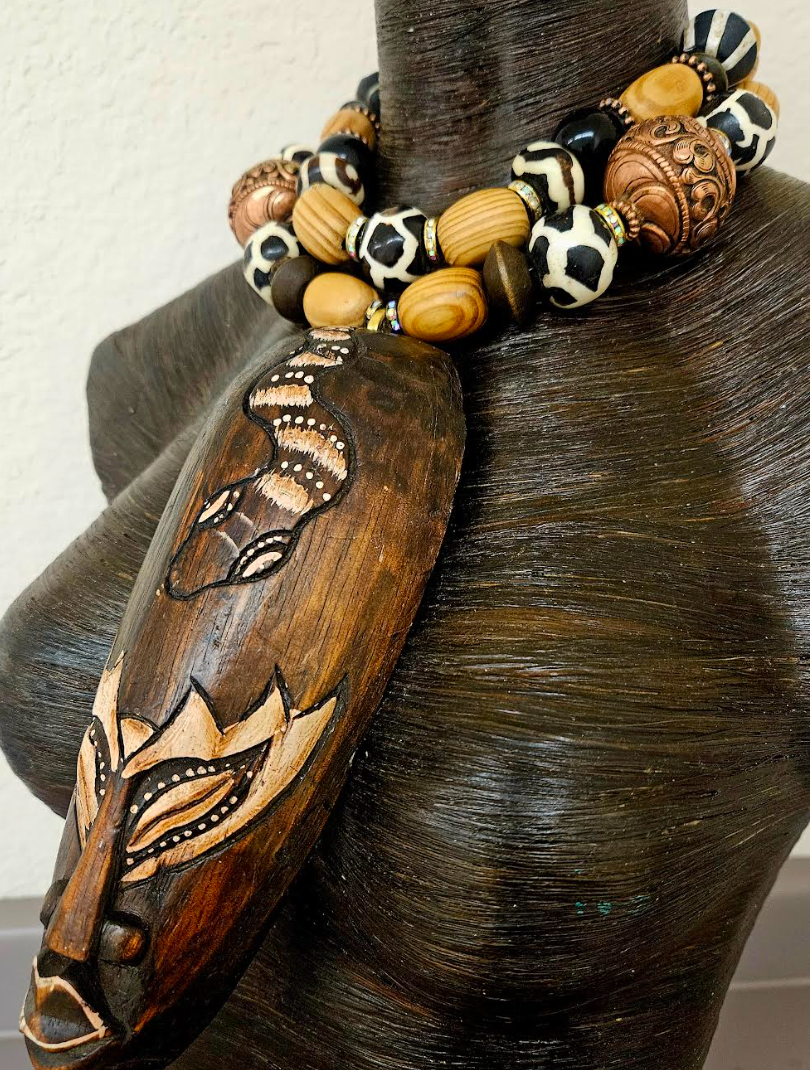 Indonesian Wood Mask Ethnic Chest Piece with High End Earthy Beaded Necklace