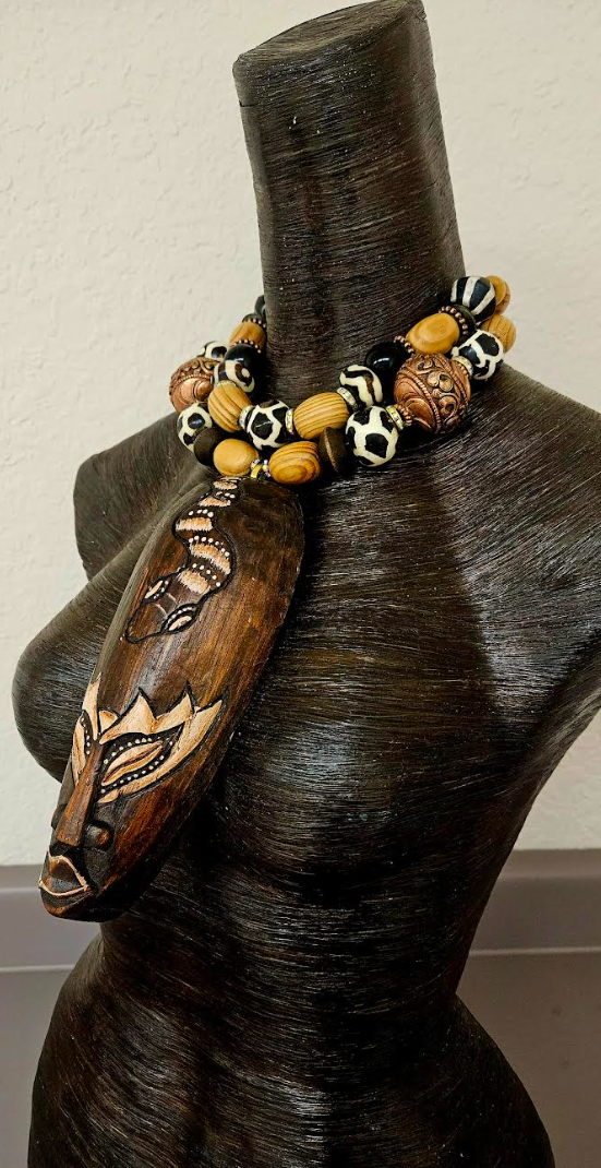 Indonesian Wood Mask Ethnic Chest Piece with High End Earthy Beaded Necklace