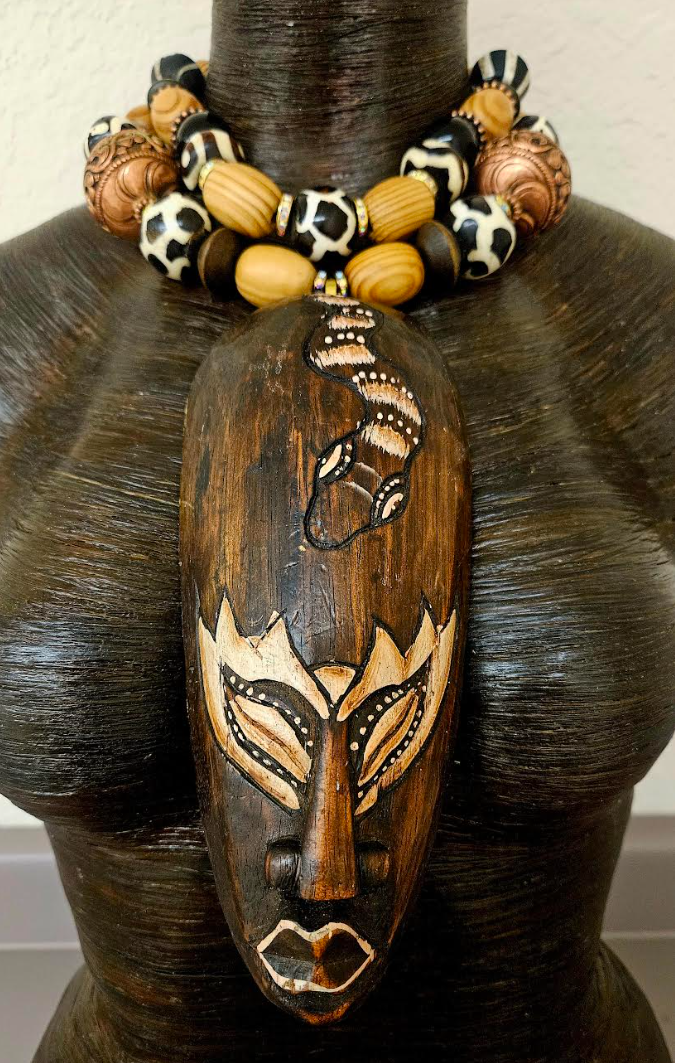 Indonesian Wood Mask Ethnic Chest Piece with High End Earthy Beaded Necklace