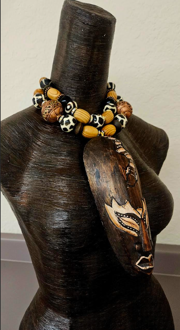 Indonesian Wood Mask Ethnic Chest Piece with High End Earthy Beaded Necklace