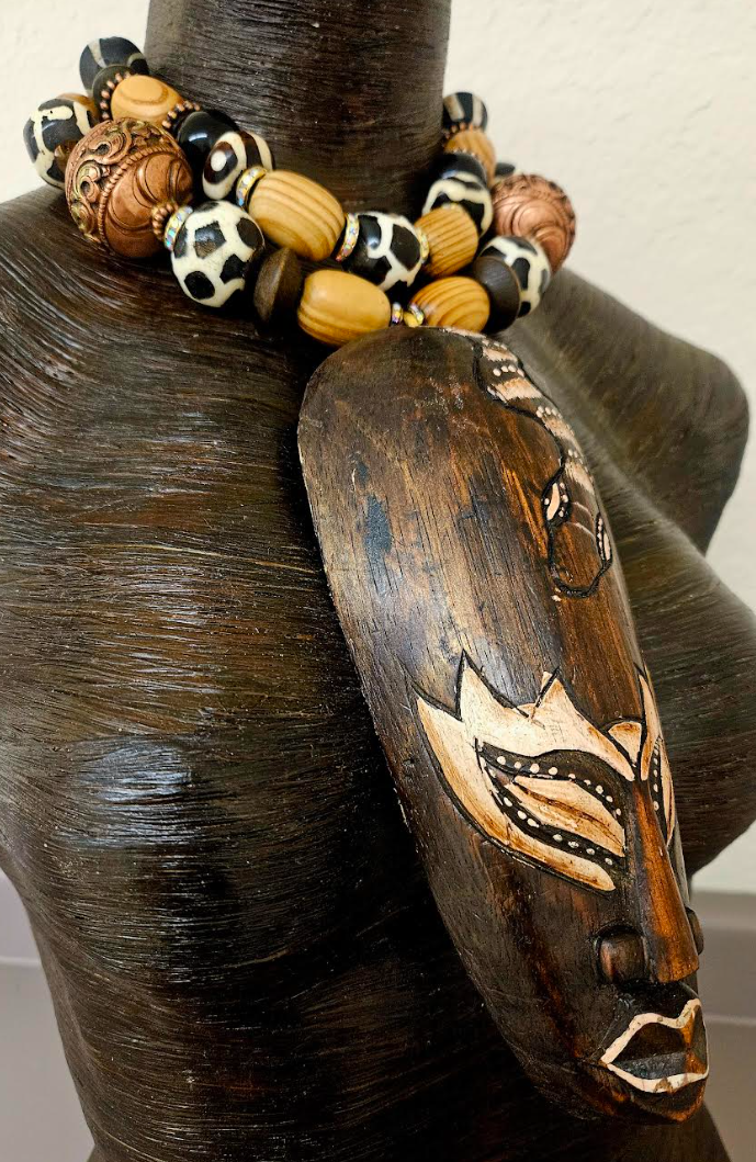 Indonesian Wood Mask Ethnic Chest Piece with High End Earthy Beaded Necklace