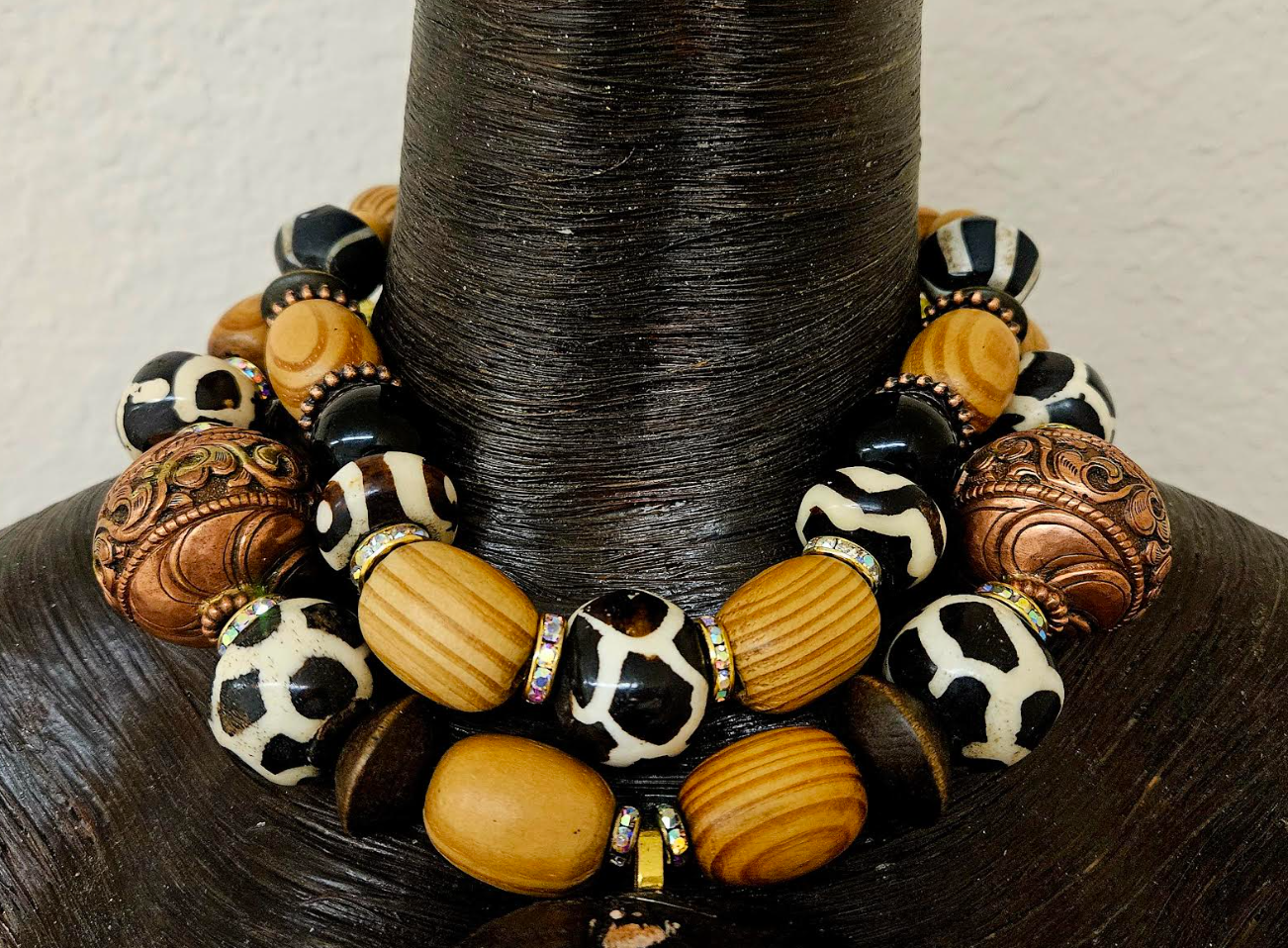 Indonesian Wood Mask Ethnic Chest Piece with High End Earthy Beaded Necklace