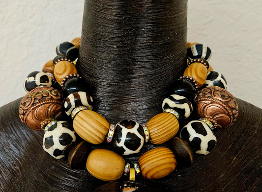 Indonesian Wood Mask Ethnic Chest Piece with High End Earthy Beaded Necklace