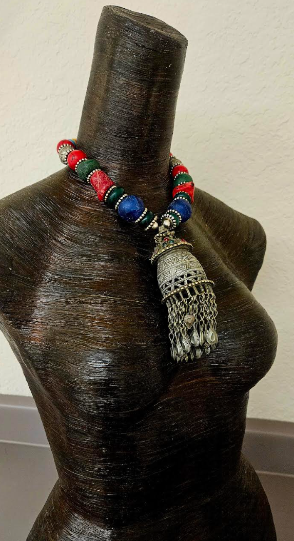 Middle Eastern Vintage Tribal Pendant With A Chunky Colorful Beaded Necklace