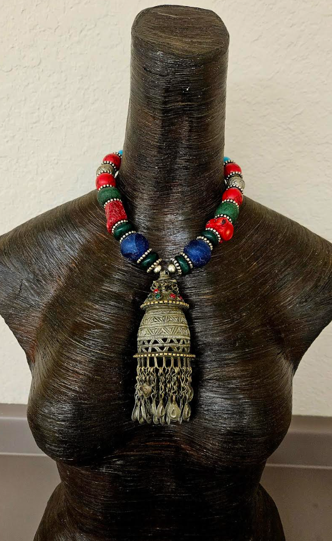 Middle Eastern Vintage Tribal Pendant With A Chunky Colorful Beaded Necklace