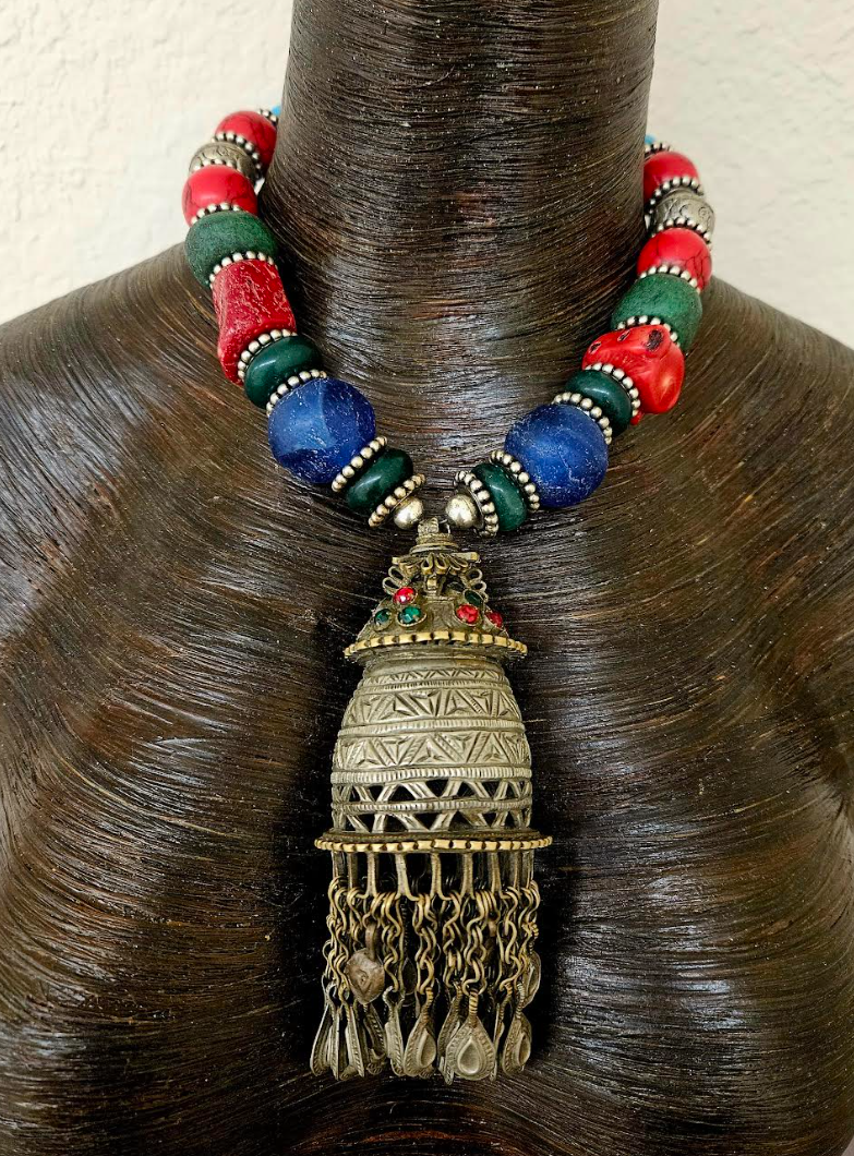 Middle Eastern Vintage Tribal Pendant With A Chunky Colorful Beaded Necklace