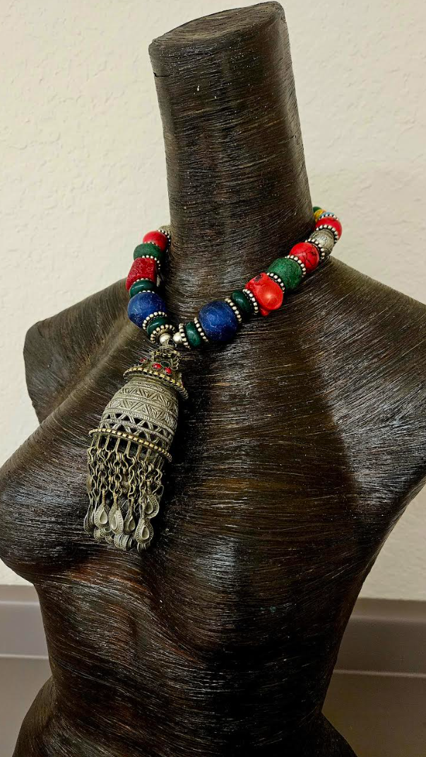 Middle Eastern Vintage Tribal Pendant With A Chunky Colorful Beaded Necklace