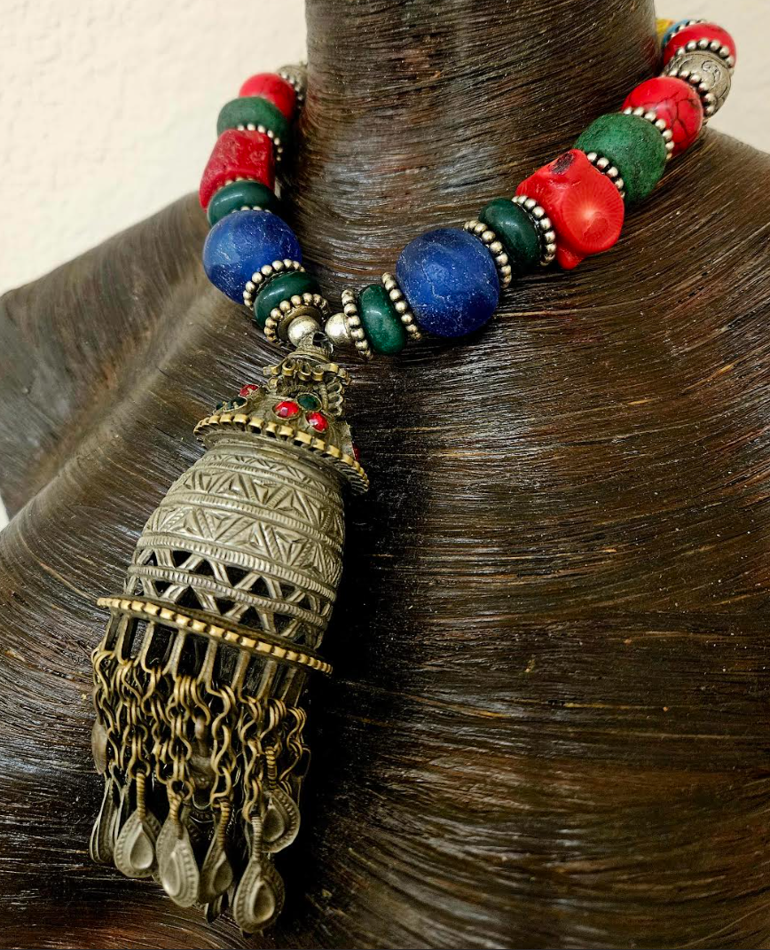 Middle Eastern Vintage Tribal Pendant With A Chunky Colorful Beaded Necklace