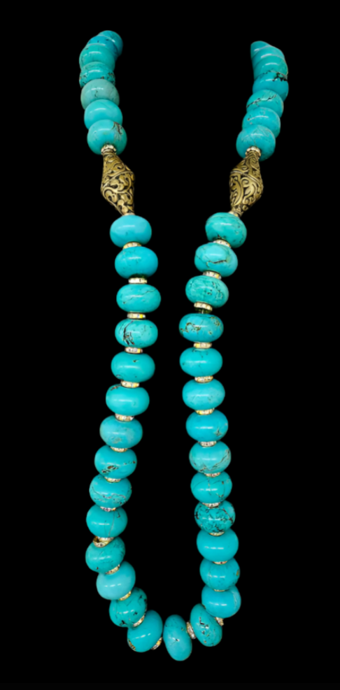 Huge Magnesite Rondelle Beaded Rope Necklace With Tibetan Repousse & Rhinestone Accents