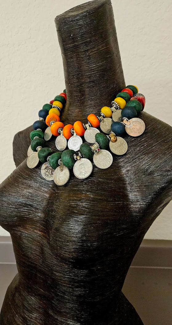 Moroccan Resin & Vintage Kuchi Coin Tribal Bespoke Necklace - Ethnic