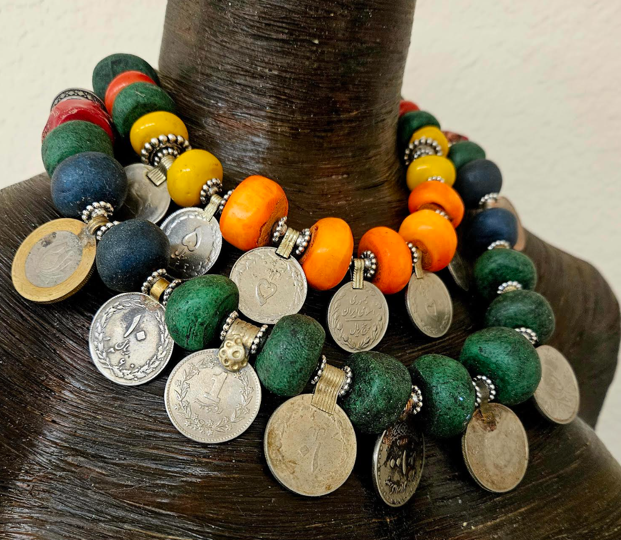 Moroccan Resin & Vintage Kuchi Coin Tribal Bespoke Necklace - Ethnic