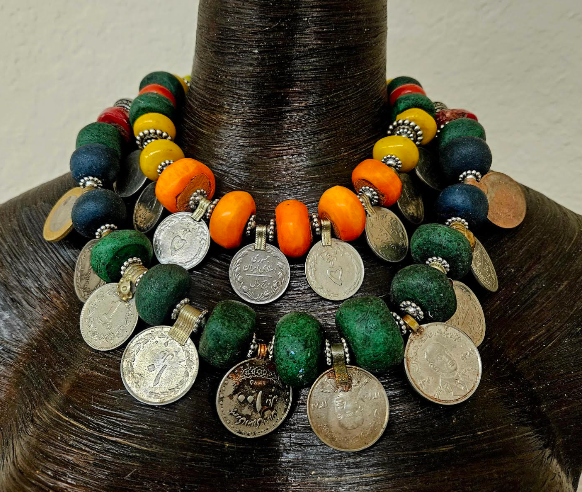 Moroccan Resin & Vintage Kuchi Coin Tribal Bespoke Necklace - Ethnic