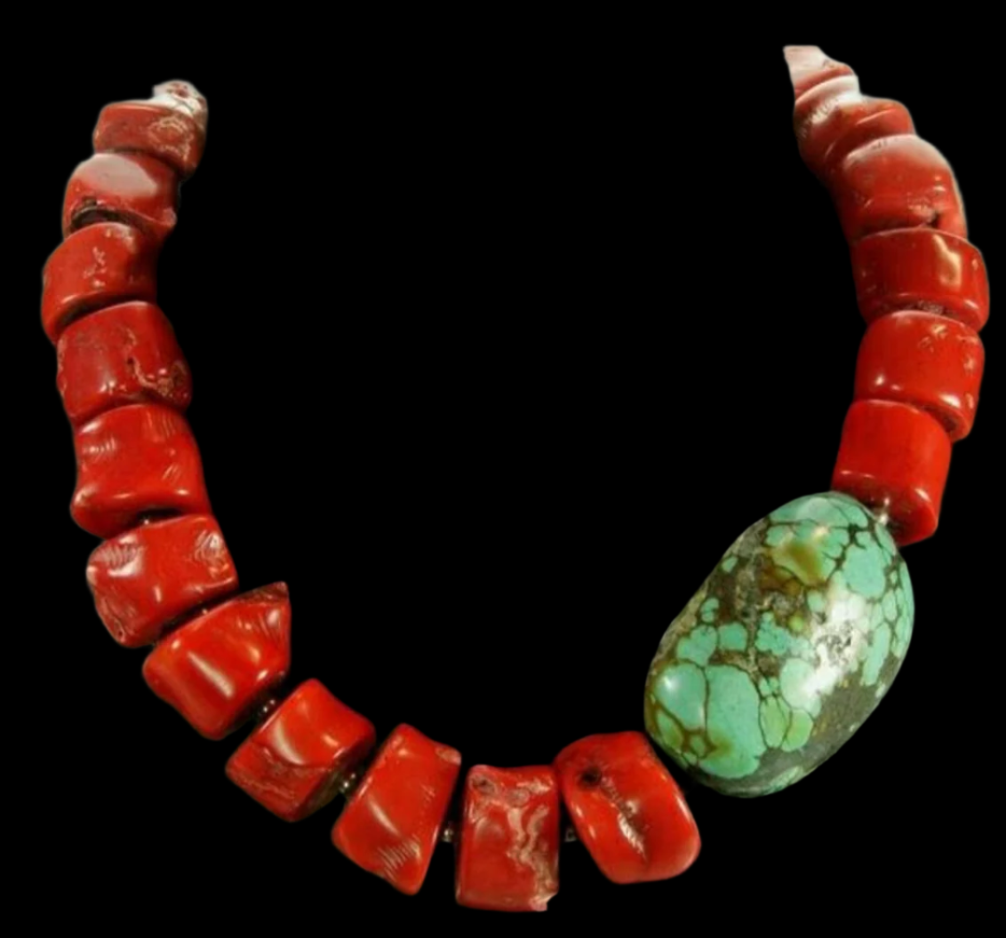 Bold Chunky Red Coral Nugget Necklace with Turquoise Accent Bead