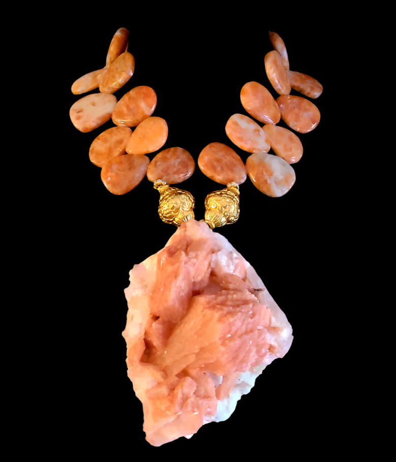 Huge Orange Apophyllite Statement Pendant with Quartz Necklace