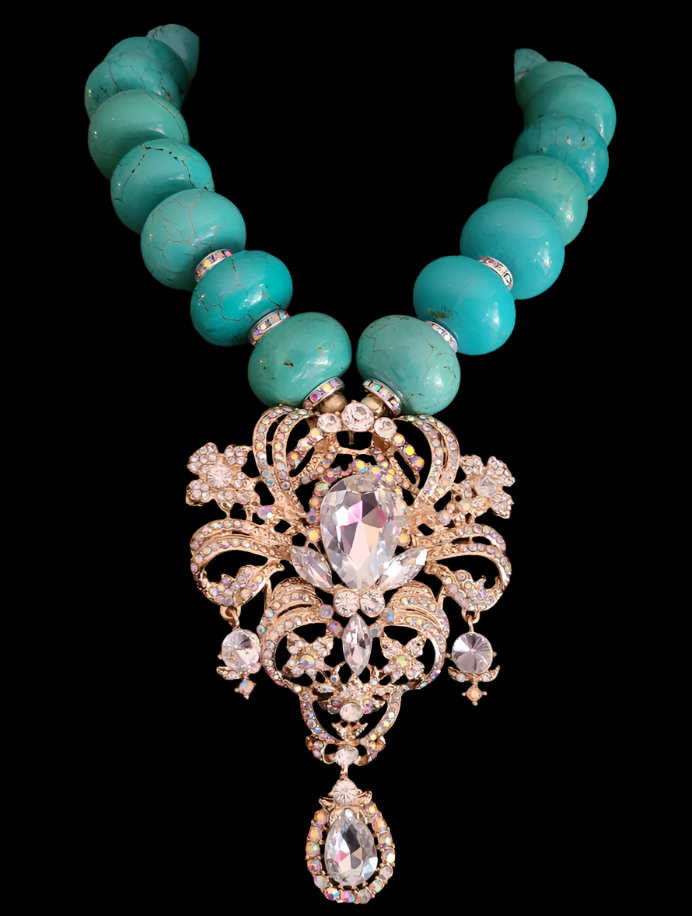 Bold & Chunky Magnesite Rondelle Necklace with Huge Art Deco Rhinestone Pendant