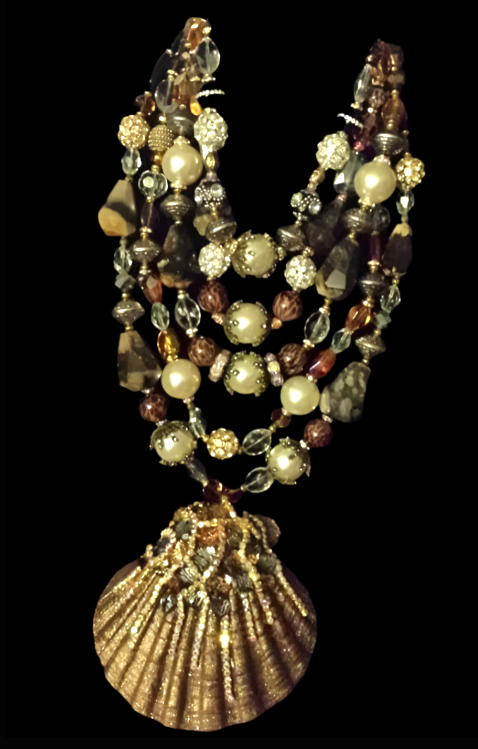 Ornately Beaded Multi Strand Bib Necklace with Bejeweled Shell Pendant