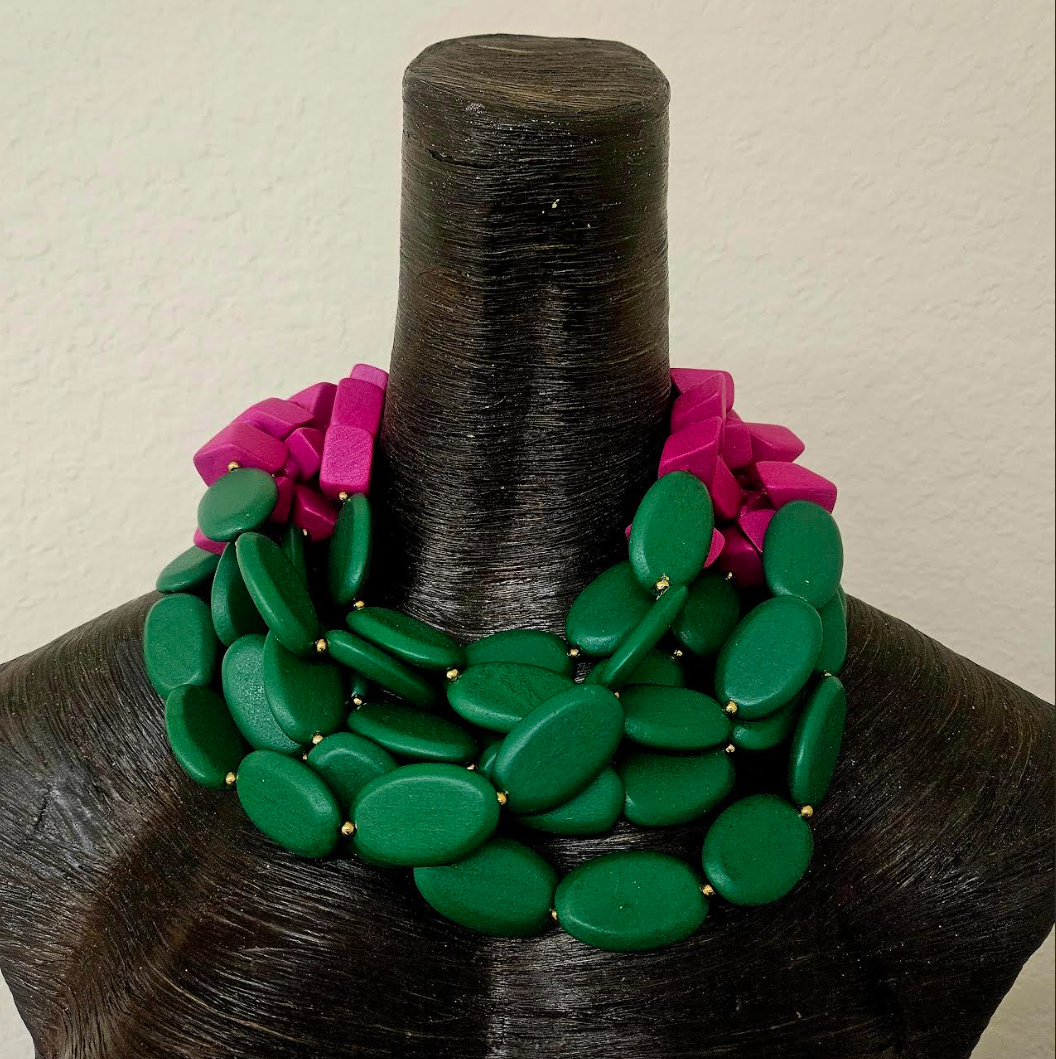 Multi Strand Green & Pink Beaded Statement Necklace With Rose Brooch