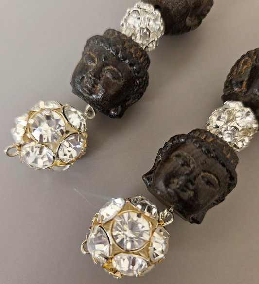 Brown Wood Buddha Head & Rhinestone Ball Super Long Pierced Earrings