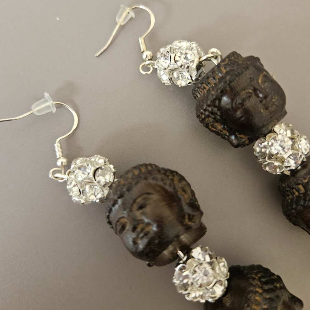 Brown Wood Buddha Head & Rhinestone Ball Super Long Pierced Earrings