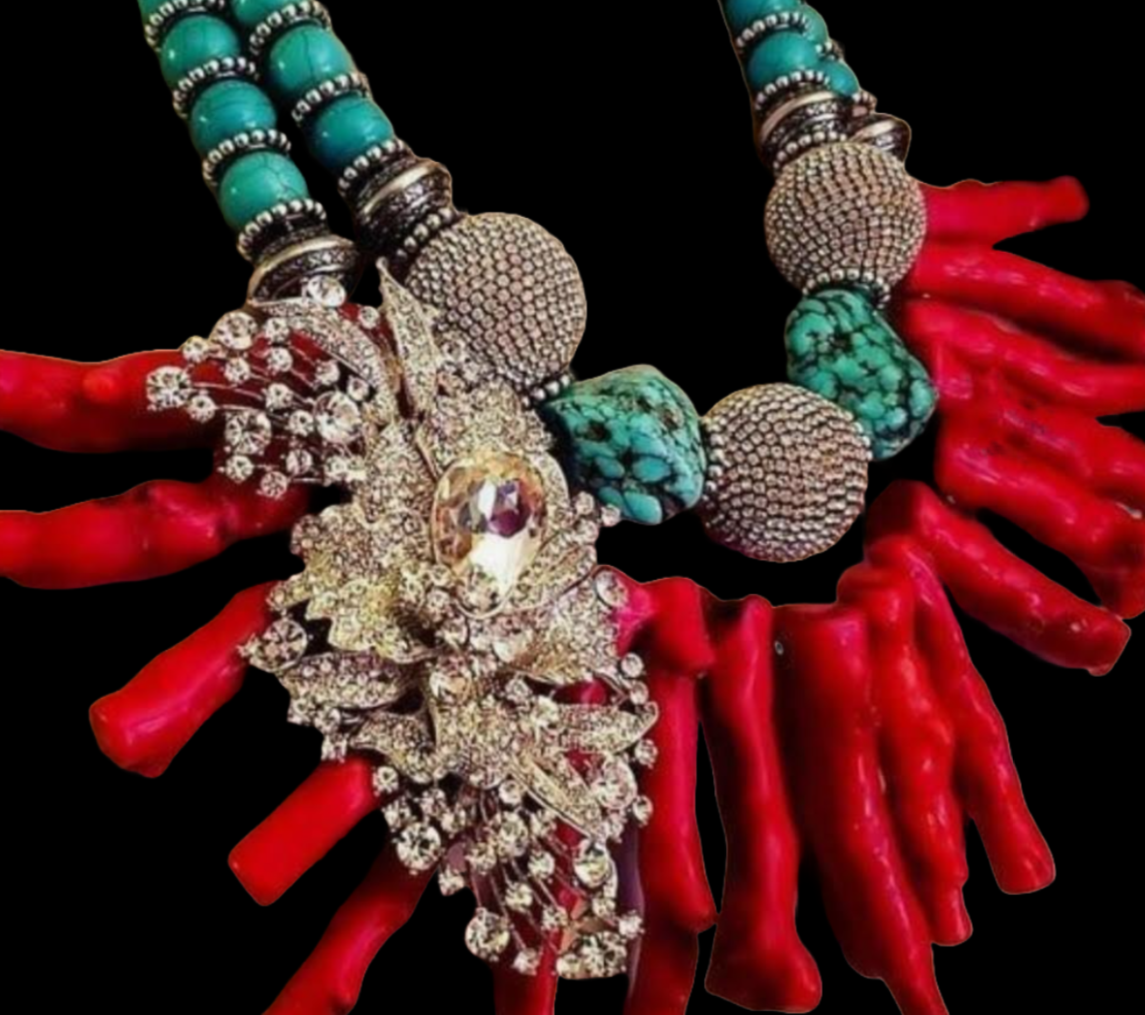 Branch Coral Blue Magnesite & Rhinestone Bling Statement Chest Piece