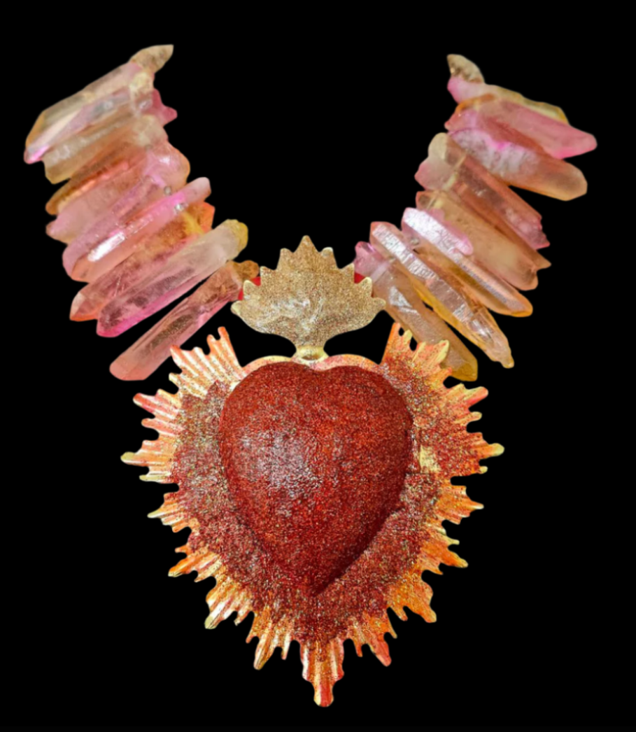 Mexican Tin Milagros Heart & Branch Quartz Statement Necklace