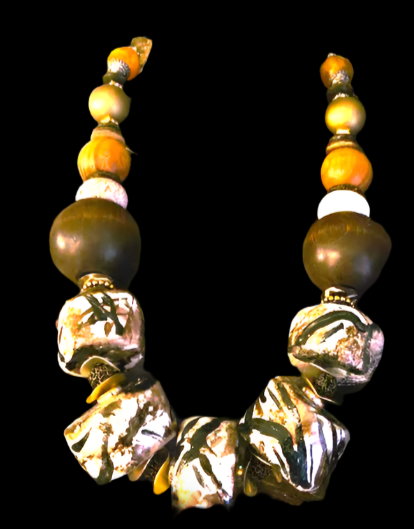 Earthy Hand Sculpted Bead and Oversized Wood Bib Statement Necklace