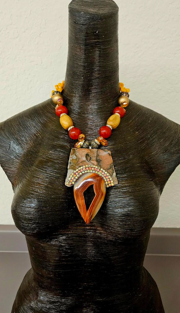 Jade & Wood Bead Necklace - Polished Leopard Jasper Slab Agate Pendant