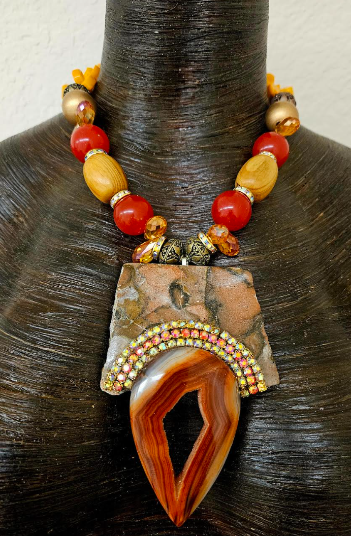 Jade & Wood Bead Necklace - Polished Leopard Jasper Slab Agate Pendant