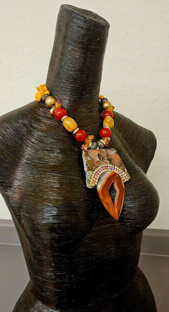 Jade & Wood Bead Necklace - Polished Leopard Jasper Slab Agate Pendant