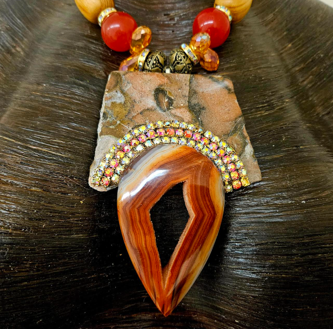 Jade & Wood Bead Necklace - Polished Leopard Jasper Slab Agate Pendant