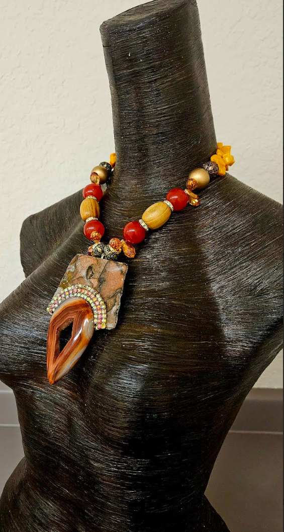 Jade & Wood Bead Necklace - Polished Leopard Jasper Slab Agate Pendant