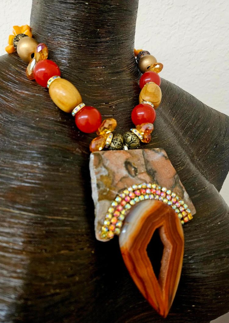 Jade & Wood Bead Necklace - Polished Leopard Jasper Slab Agate Pendant