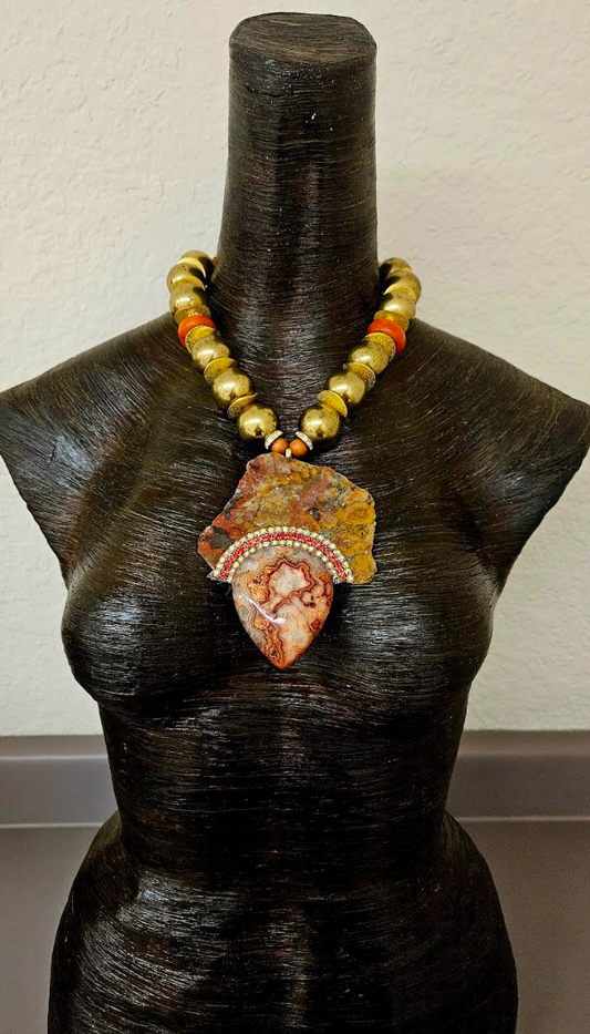 Jasper Slab & Druzy Agate Pendant On A Bold Vintage Brass Beaded Necklace