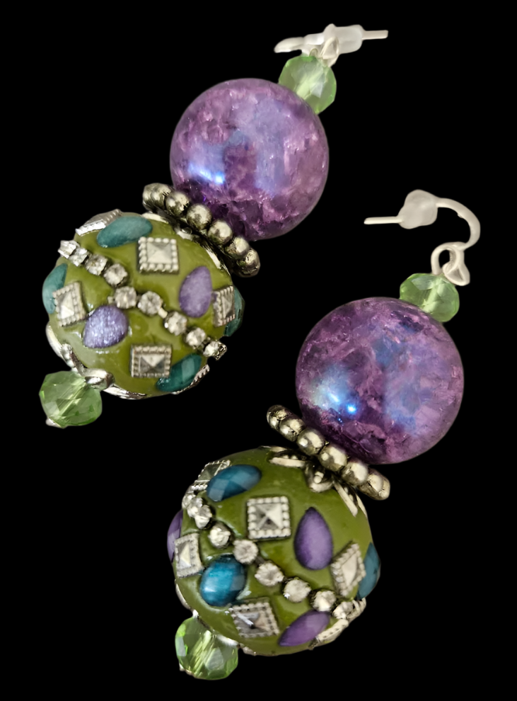 Purple & Olivine Exotic Ornate Beaded Dangle Pierced Earrings - OOAK