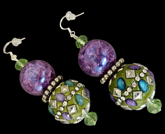 Purple & Olivine Exotic Ornate Beaded Dangle Pierced Earrings - OOAK
