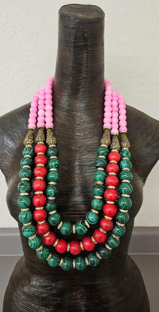 Red Green & Pink Statement Bold Beaded Bib Necklace - Unisex Styled