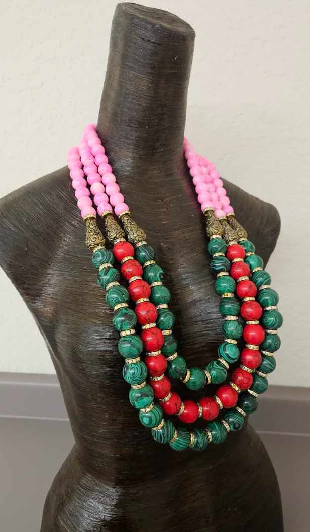 Red Green & Pink Statement Bold Beaded Bib Necklace - Unisex Styled