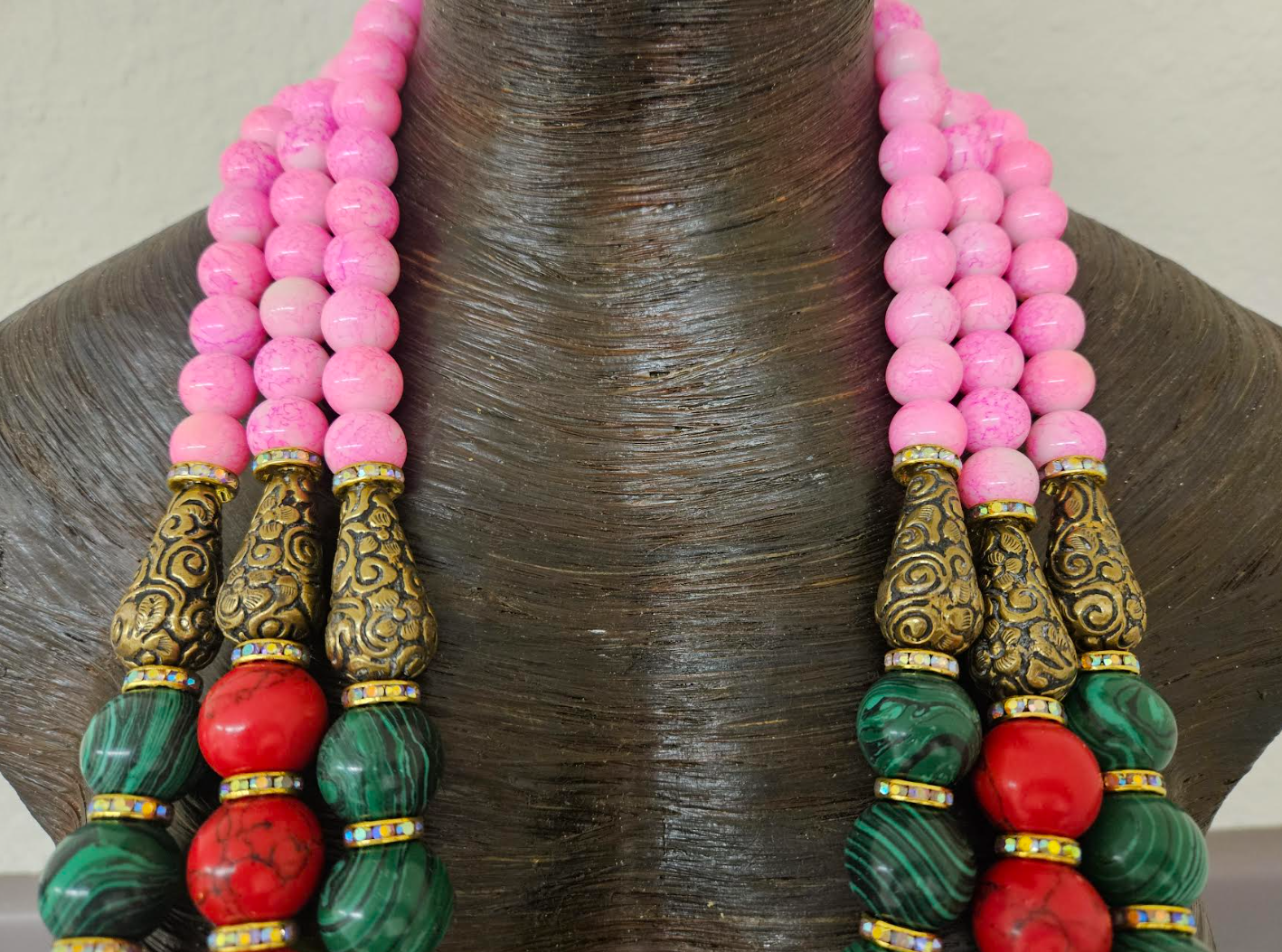 Red Green & Pink Statement Bold Beaded Bib Necklace - Unisex Styled