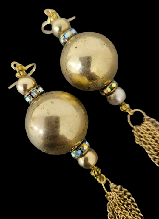 Vintage Brass Balls & Gold Tone Chain Shoulder Duster Pierced Earrings