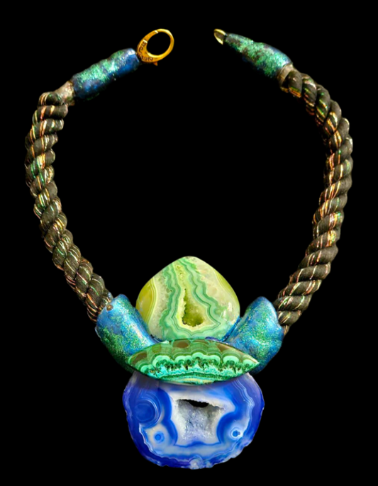 Druzy Agate & Malachite Sculpted Unisex Chest Piece With Metallic Rope