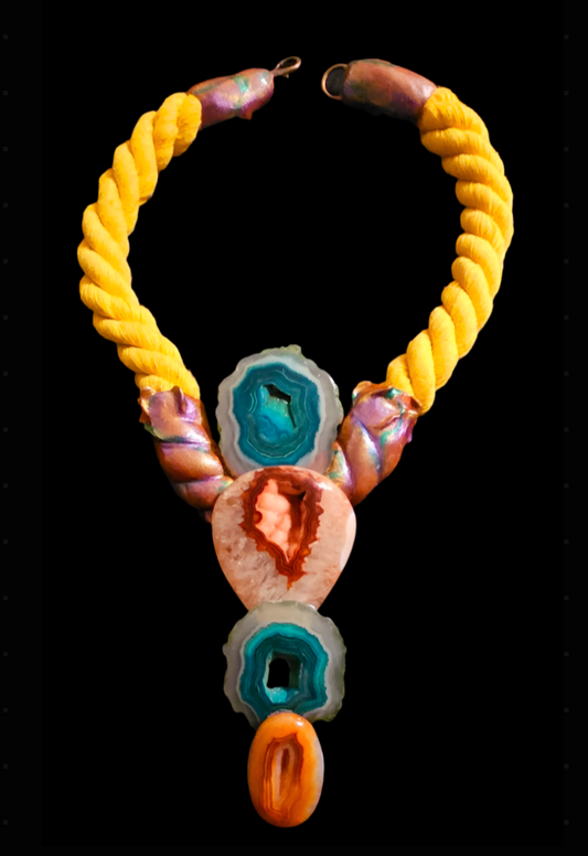 Orange Green & Brown Druzy Agate Gemstone Sculpted Unisex Breastplate