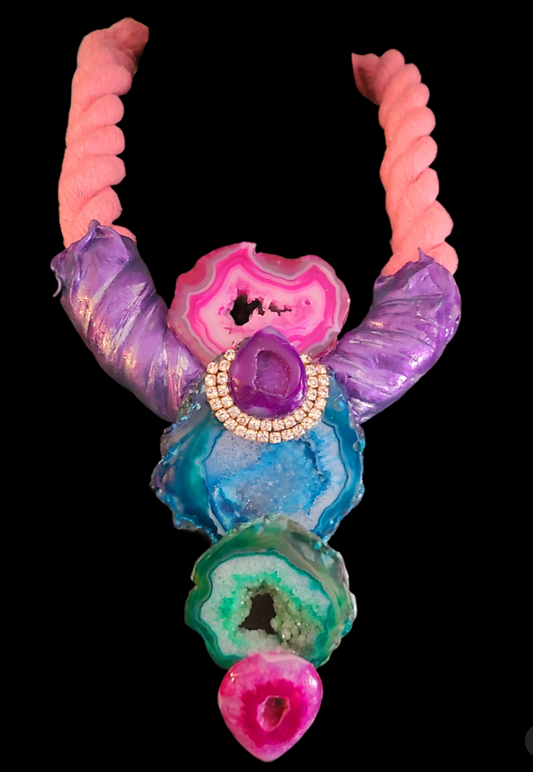 Jewel Tone Druzy Agate Sculpted Breastplate With Thick Rope